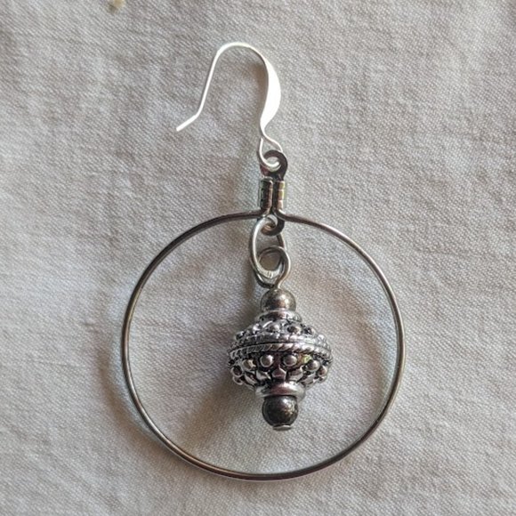 Hand Made Silver-Tone Hoop Drop Earrings - Picture 2 of 4